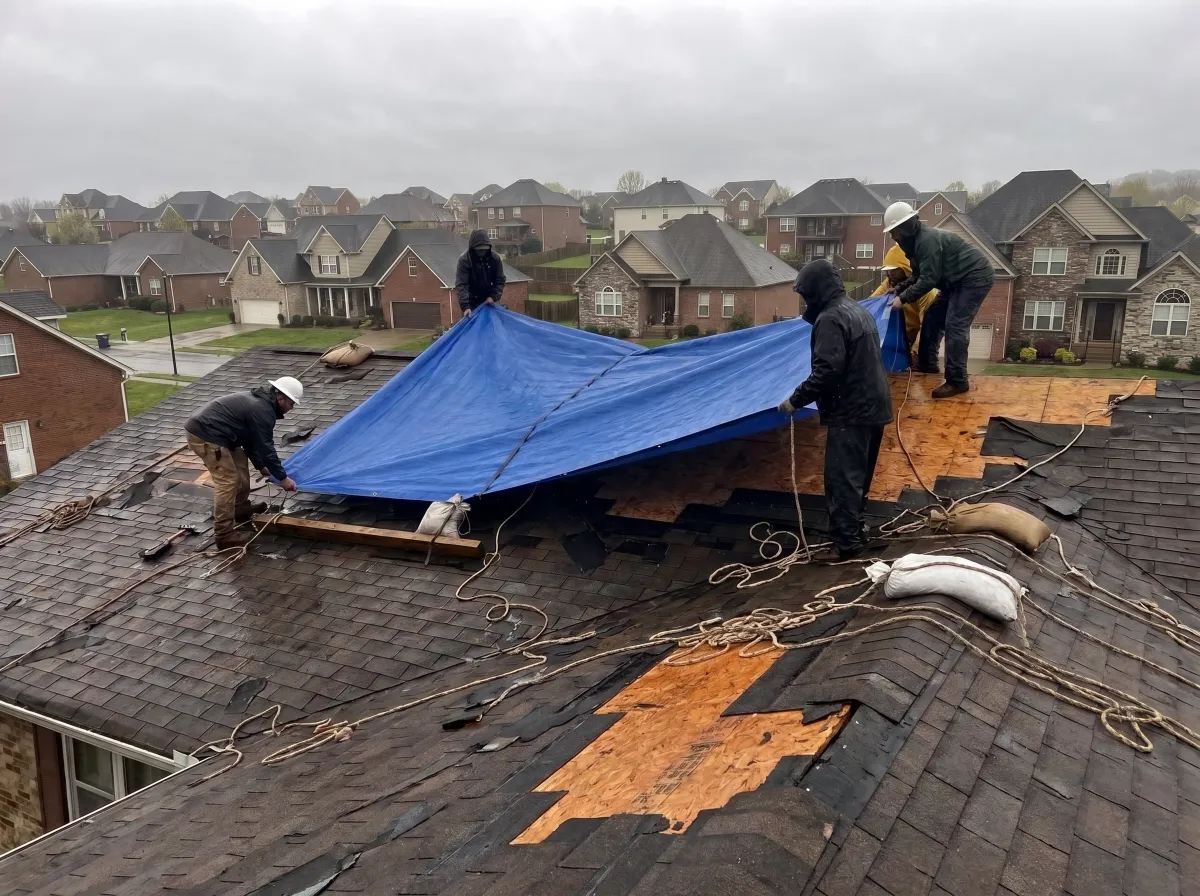 Roofing crew securing a tarp on a residential house
